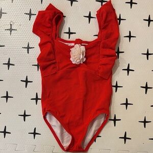 Janie and Jack Red One-Piece Swimsuit with Flower Accent